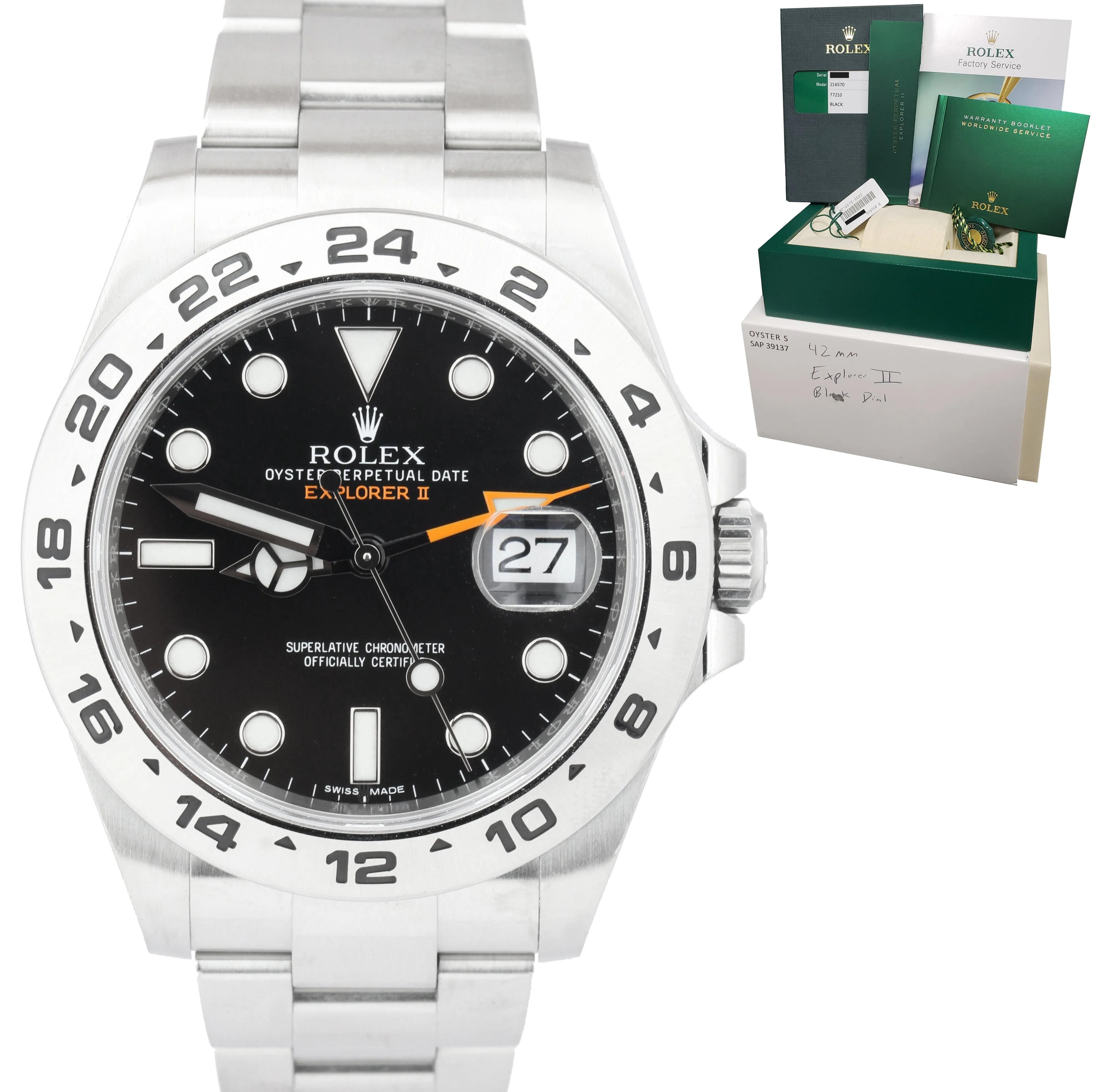 2016 Rolex Explorer II 42mm Black Orange Stainless Steel GMT Date Watch 216570