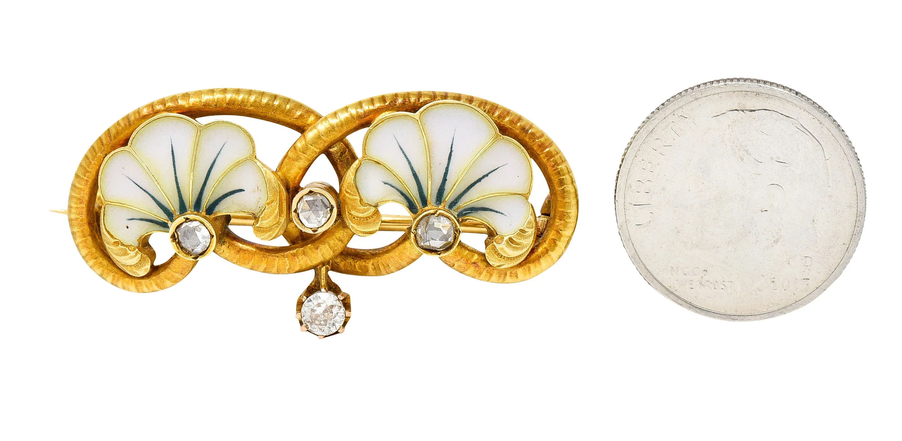 Art Nouveau Plique-A-Jour Enamel Diamond 18 Karat Gold Flower Love Knot Brooch