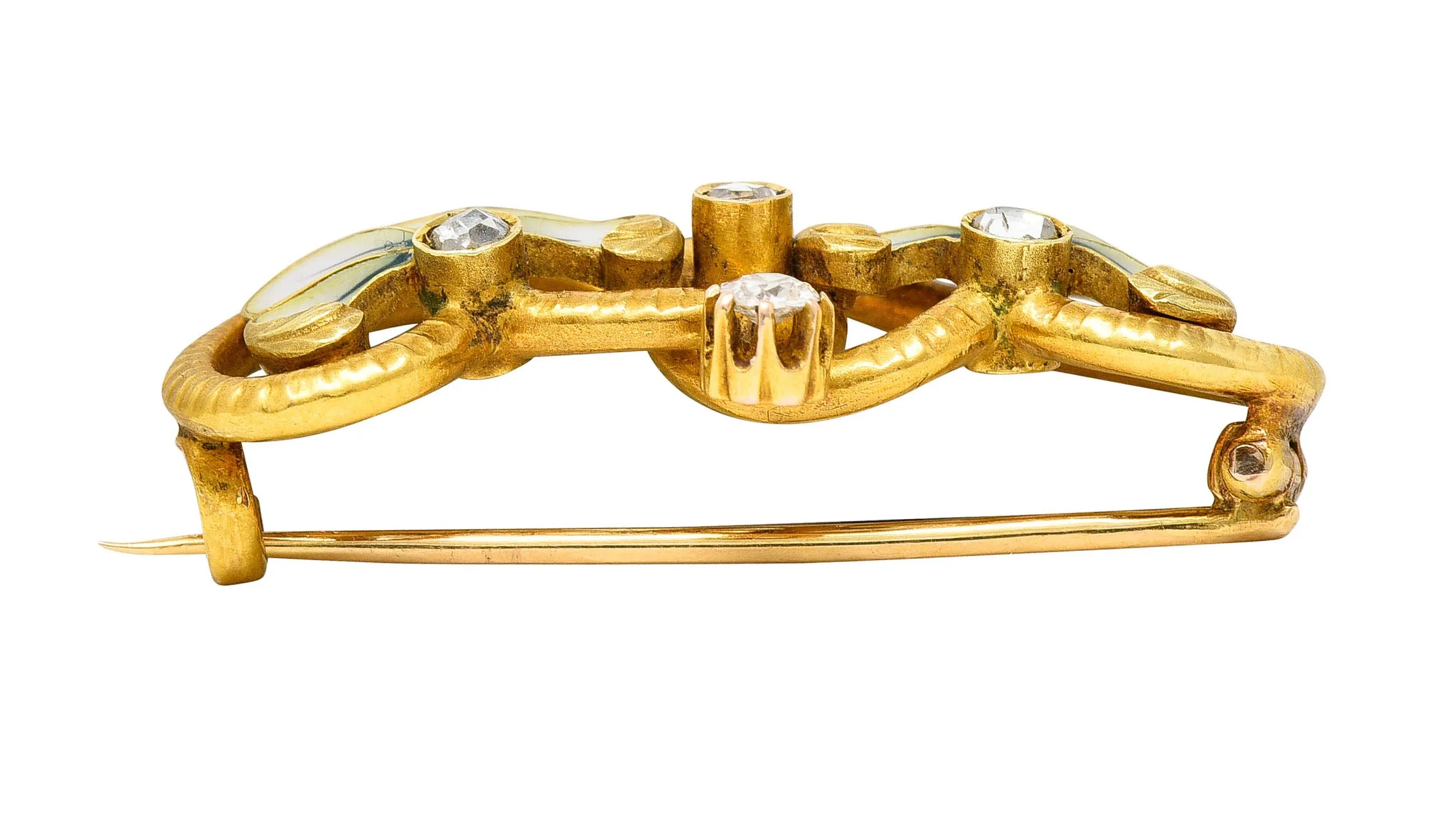 Art Nouveau Plique-A-Jour Enamel Diamond 18 Karat Gold Flower Love Knot Brooch