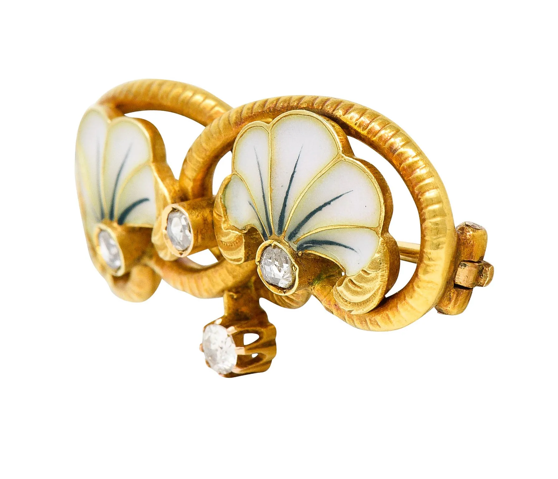 Art Nouveau Plique-A-Jour Enamel Diamond 18 Karat Gold Flower Love Knot Brooch