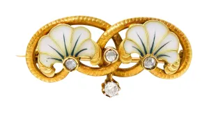 Art Nouveau Plique-A-Jour Enamel Diamond 18 Karat Gold Flower Love Knot Brooch