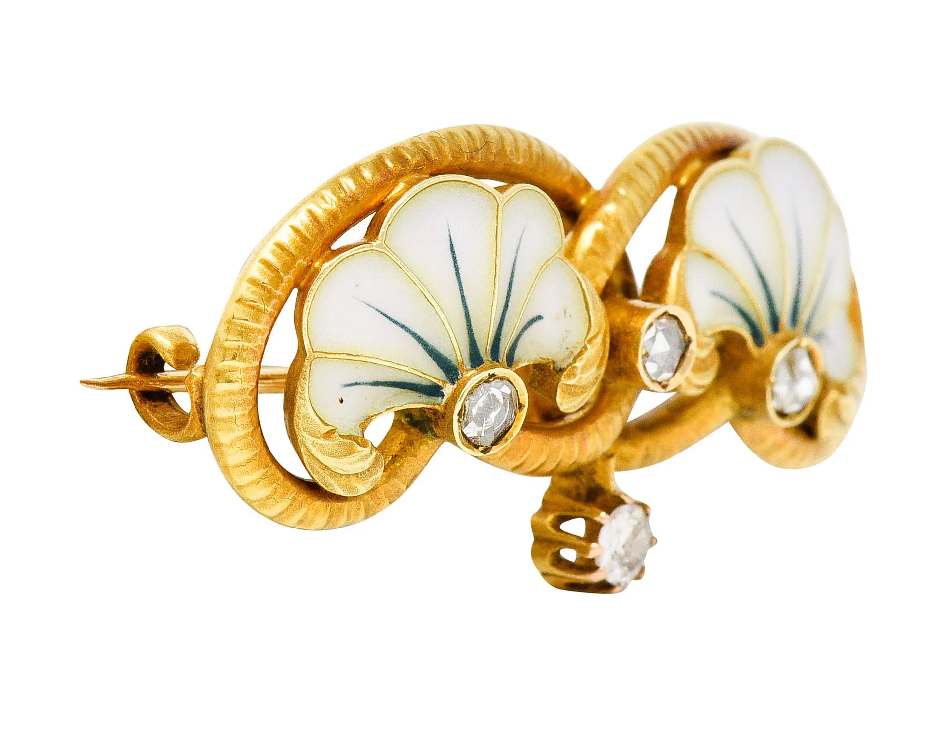Art Nouveau Plique-A-Jour Enamel Diamond 18 Karat Gold Flower Love Knot Brooch