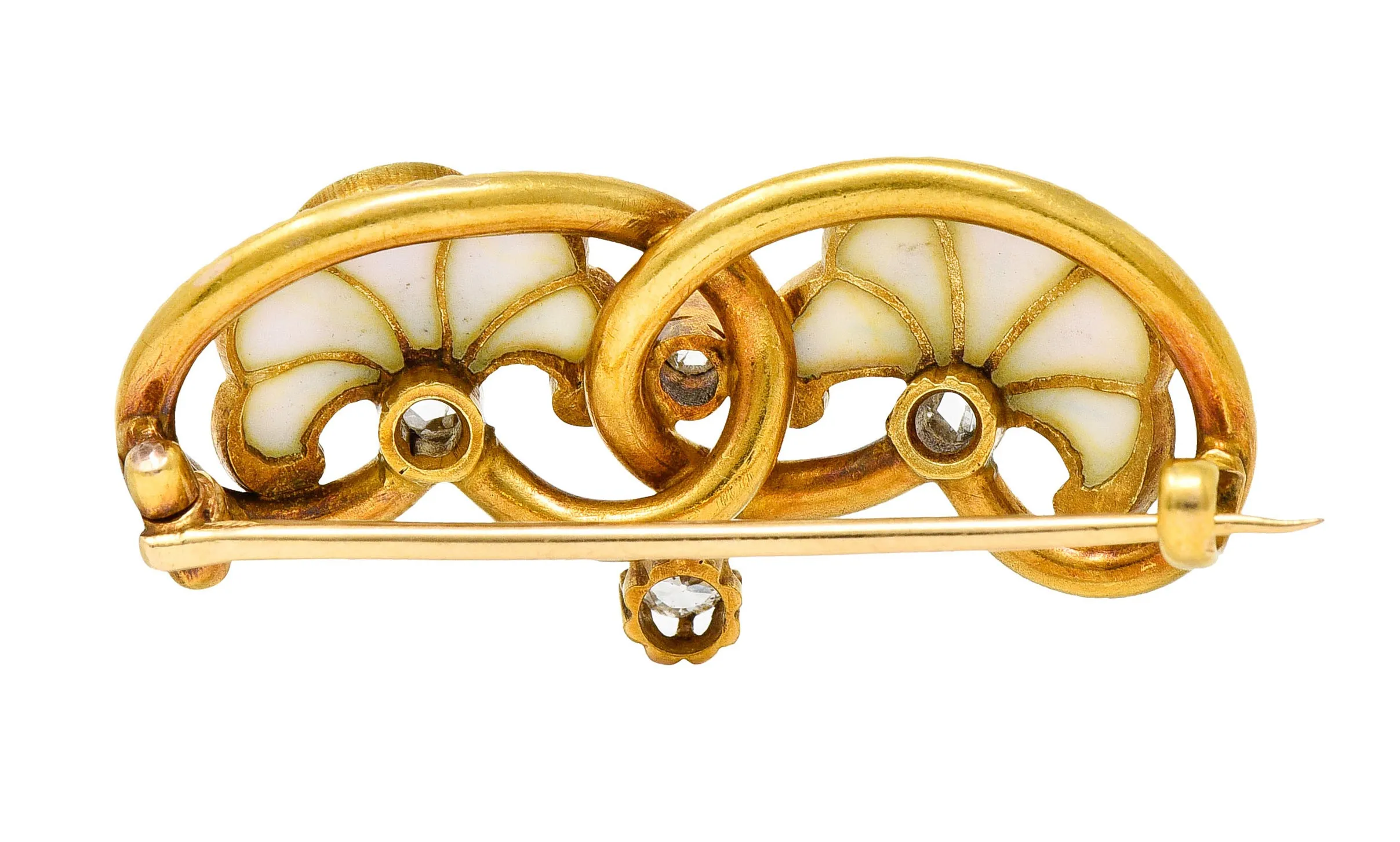 Art Nouveau Plique-A-Jour Enamel Diamond 18 Karat Gold Flower Love Knot Brooch