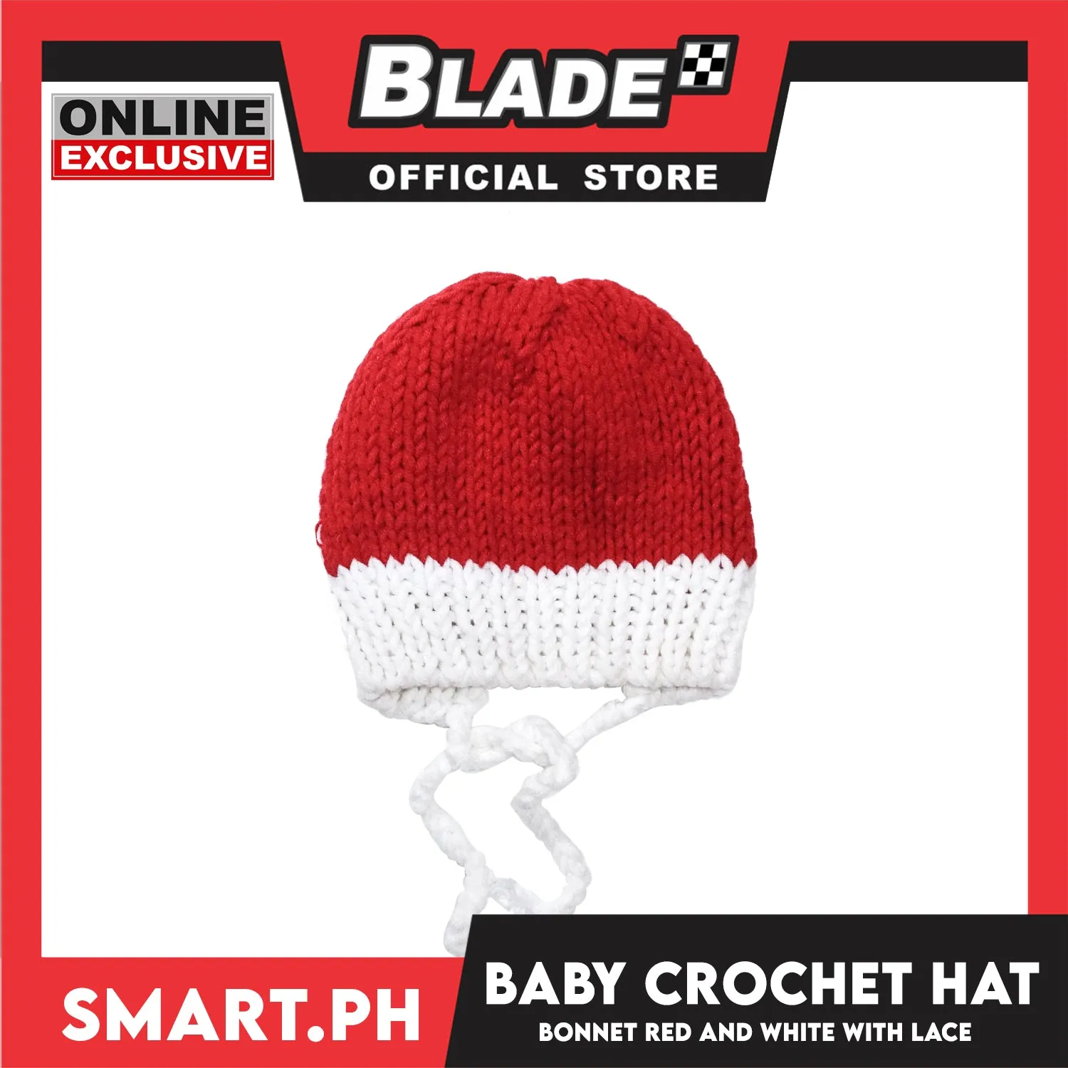 Baby Crochet Bonnet Hat with Lace (Red/White)