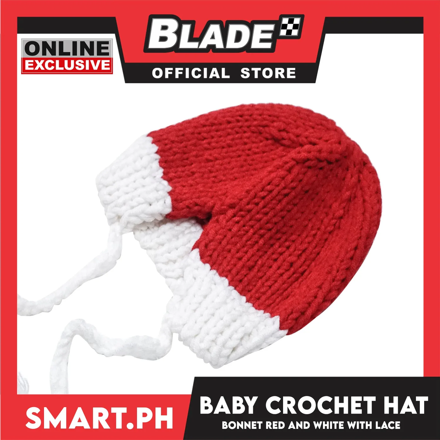 Baby Crochet Bonnet Hat with Lace (Red/White)