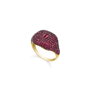 Baguette Centered Cubic Zirconia Dome Ring - Gold Ruby