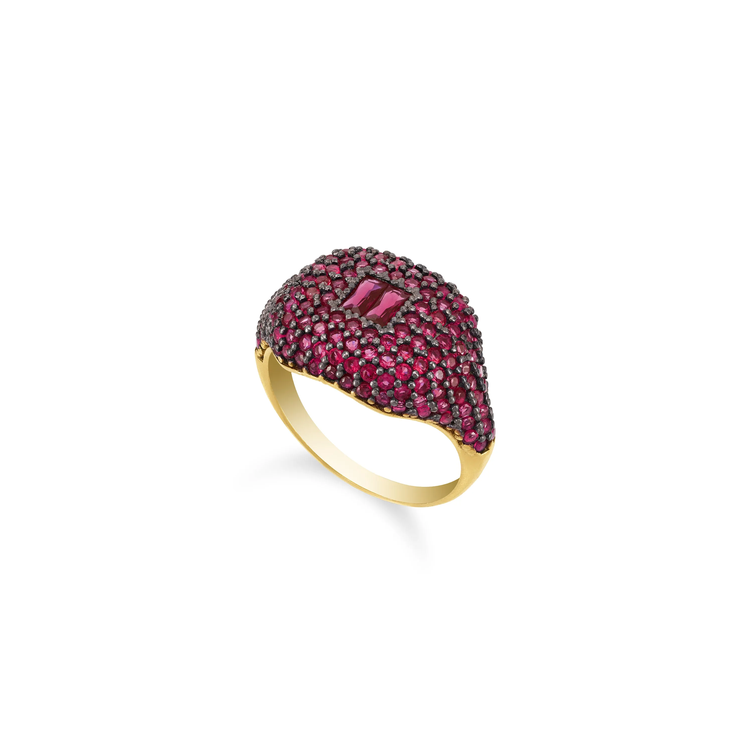 Baguette Centered Cubic Zirconia Dome Ring - Gold Ruby