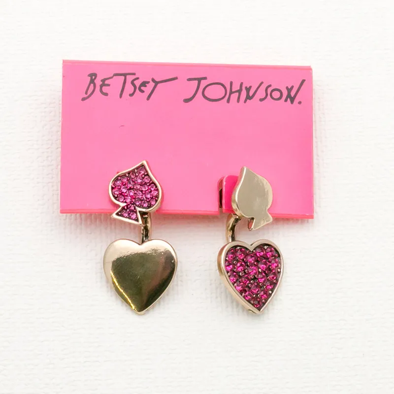 Betsey Johnson Eye-catching Colorful Hot Pink Gemstones Gold-toned heart Earrings
