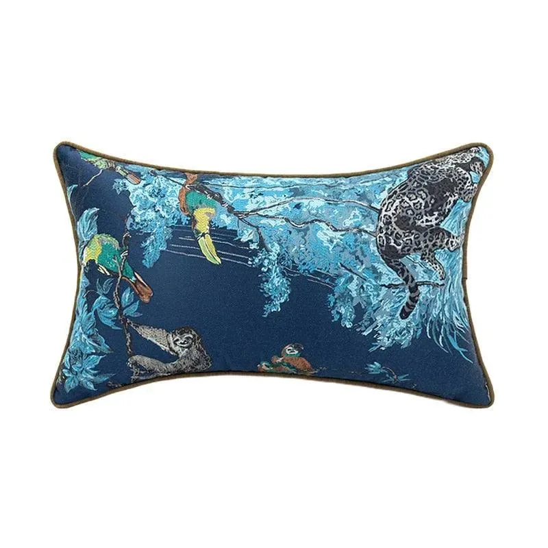 Birds and Wilderness Blue Jacquard Pillow Cover