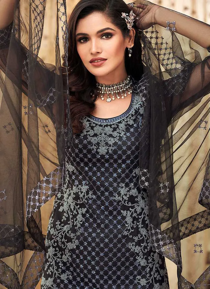 Black Floral Embroidered Designer Pant Style Suit