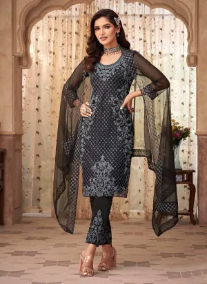 Black Floral Embroidered Designer Pant Style Suit