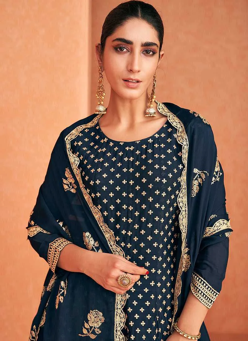 Blue and Gold Embroidered Sharara Style Suit