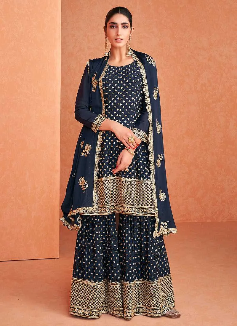 Blue and Gold Embroidered Sharara Style Suit