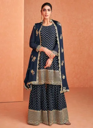 Blue and Gold Embroidered Sharara Style Suit