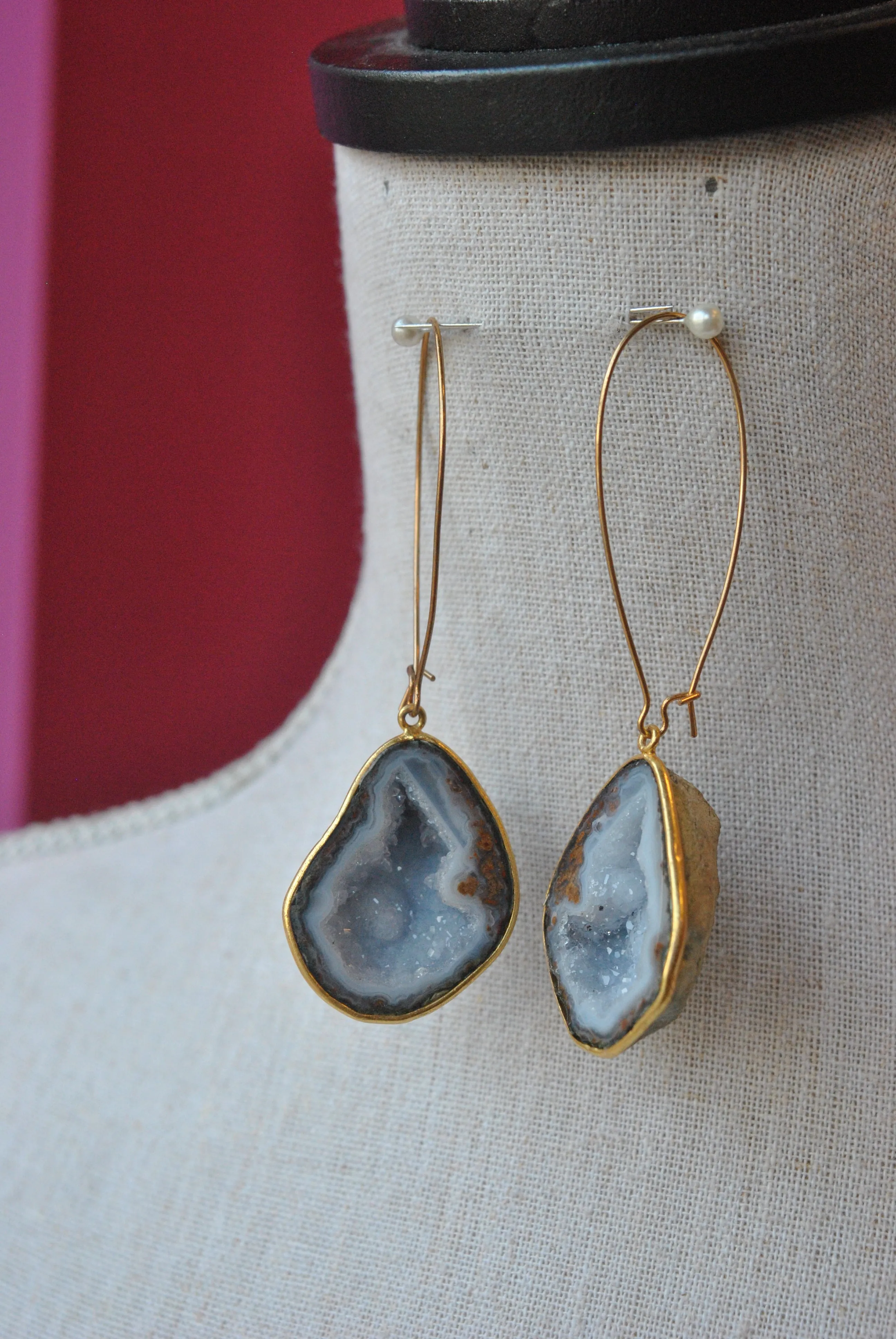 BLUE LACE AGATE WITH DRUZY RAW LONG STATEMENT EARRINGS