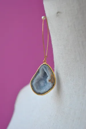 BLUE LACE AGATE WITH DRUZY RAW LONG STATEMENT EARRINGS