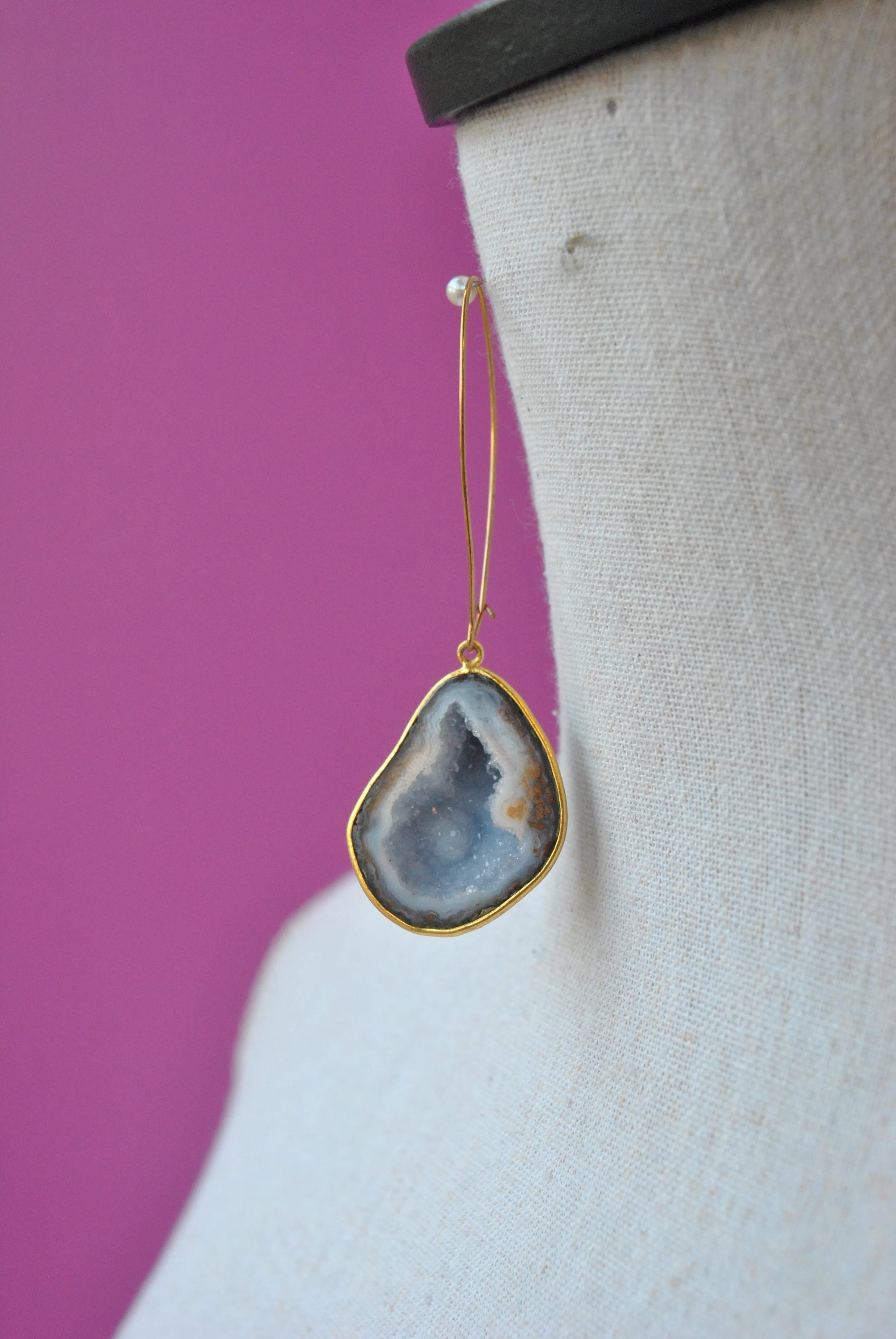 BLUE LACE AGATE WITH DRUZY RAW LONG STATEMENT EARRINGS