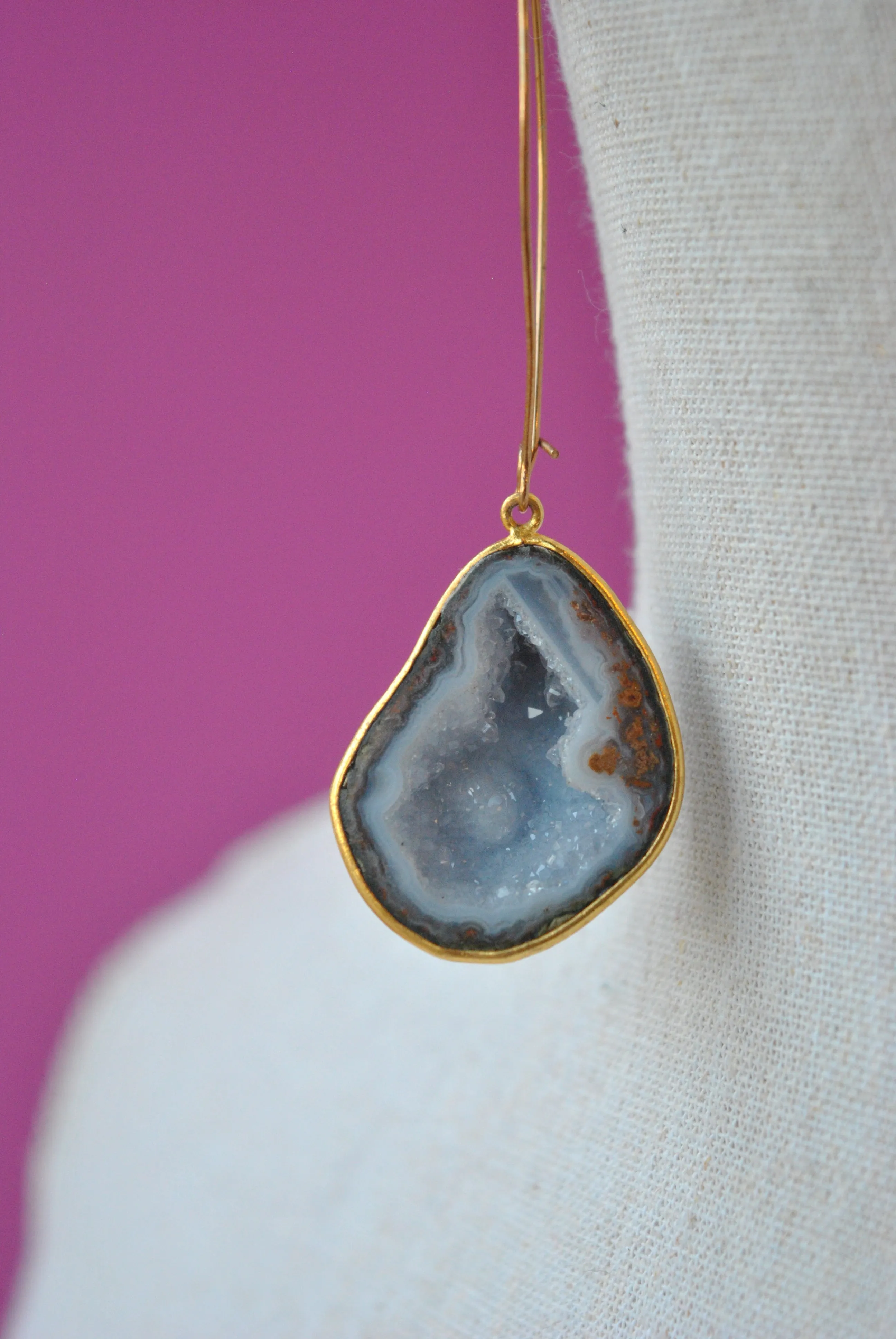 BLUE LACE AGATE WITH DRUZY RAW LONG STATEMENT EARRINGS