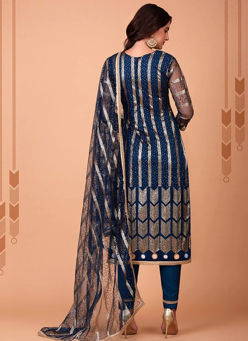 Blue Sequin Embroidered Straight Pant Suit