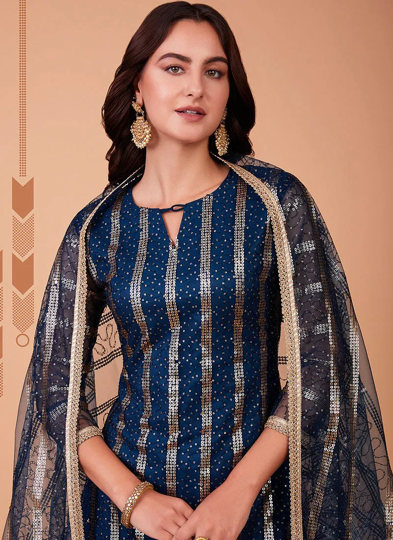 Blue Sequin Embroidered Straight Pant Suit