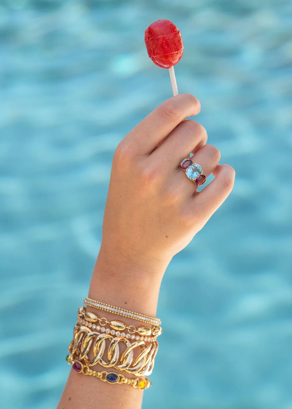 Blue Topaz & Pink Tourmaline 14K Gold River Ring