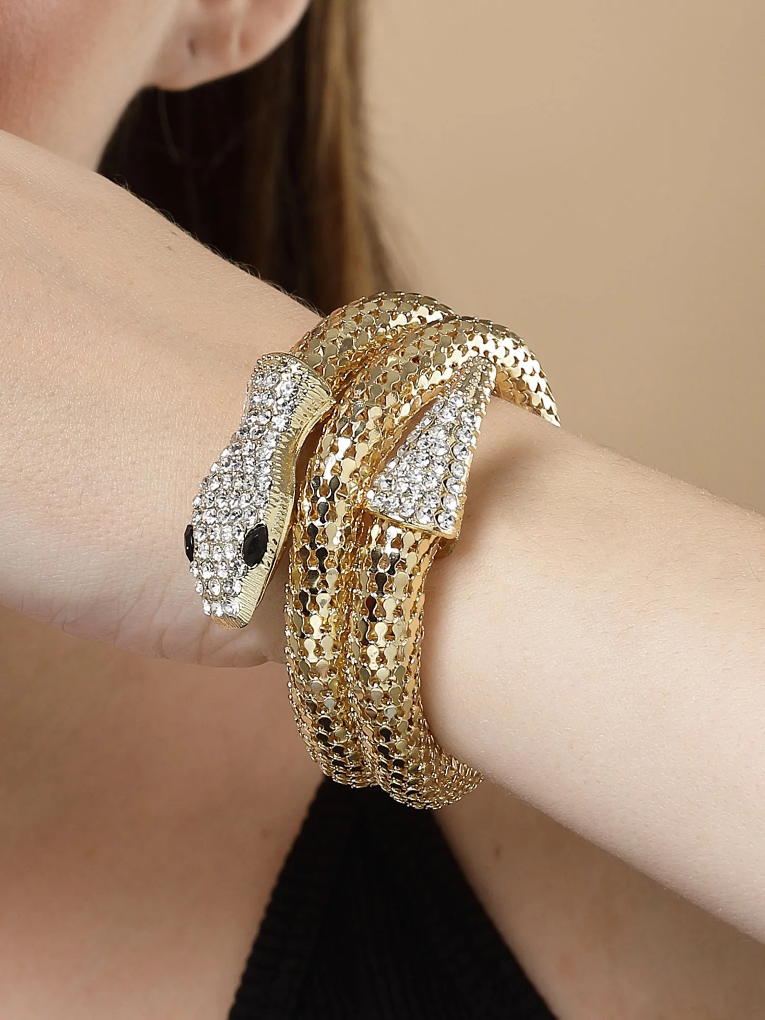 Bohey by KARATCART Gold Plated Cubic Zirconia Studded Snake Chain Bracelet for Women