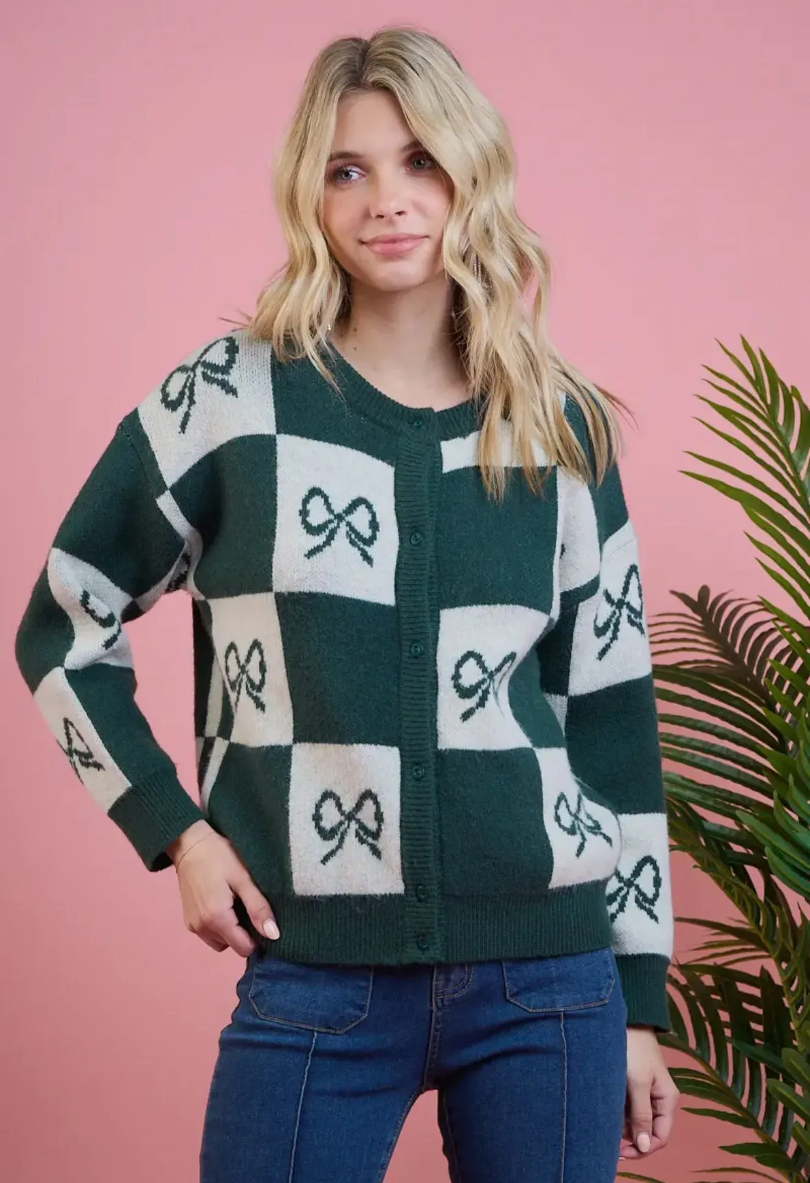 Bow Cardigan Sweater - Hunter Green