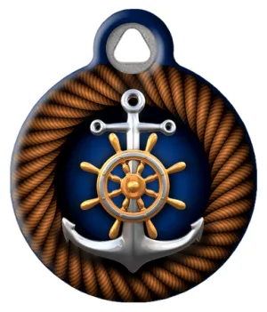 Captains Wheel On Anchor Pet ID Tag