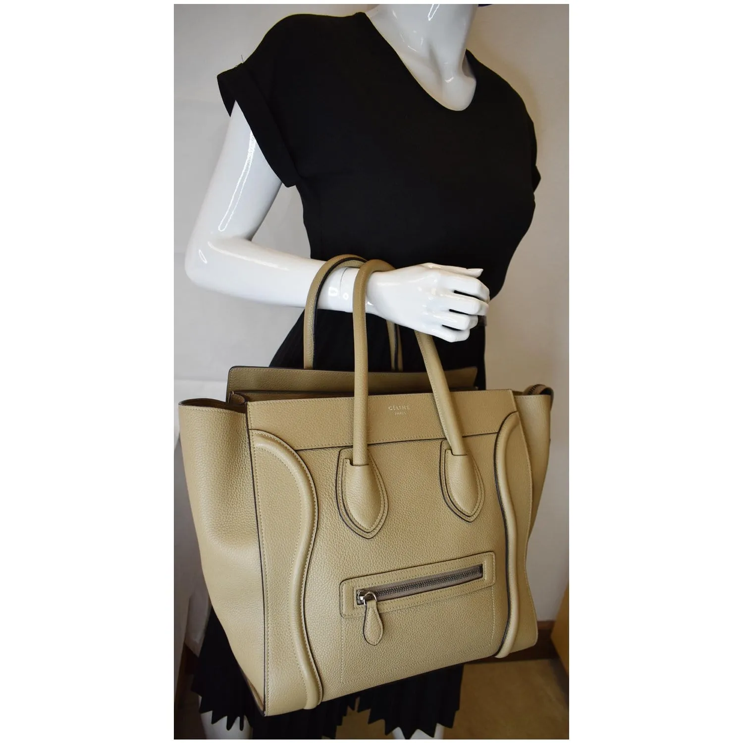 CELINE Drummed Calfskin Leather Mini Luggage Tote Bag Dune