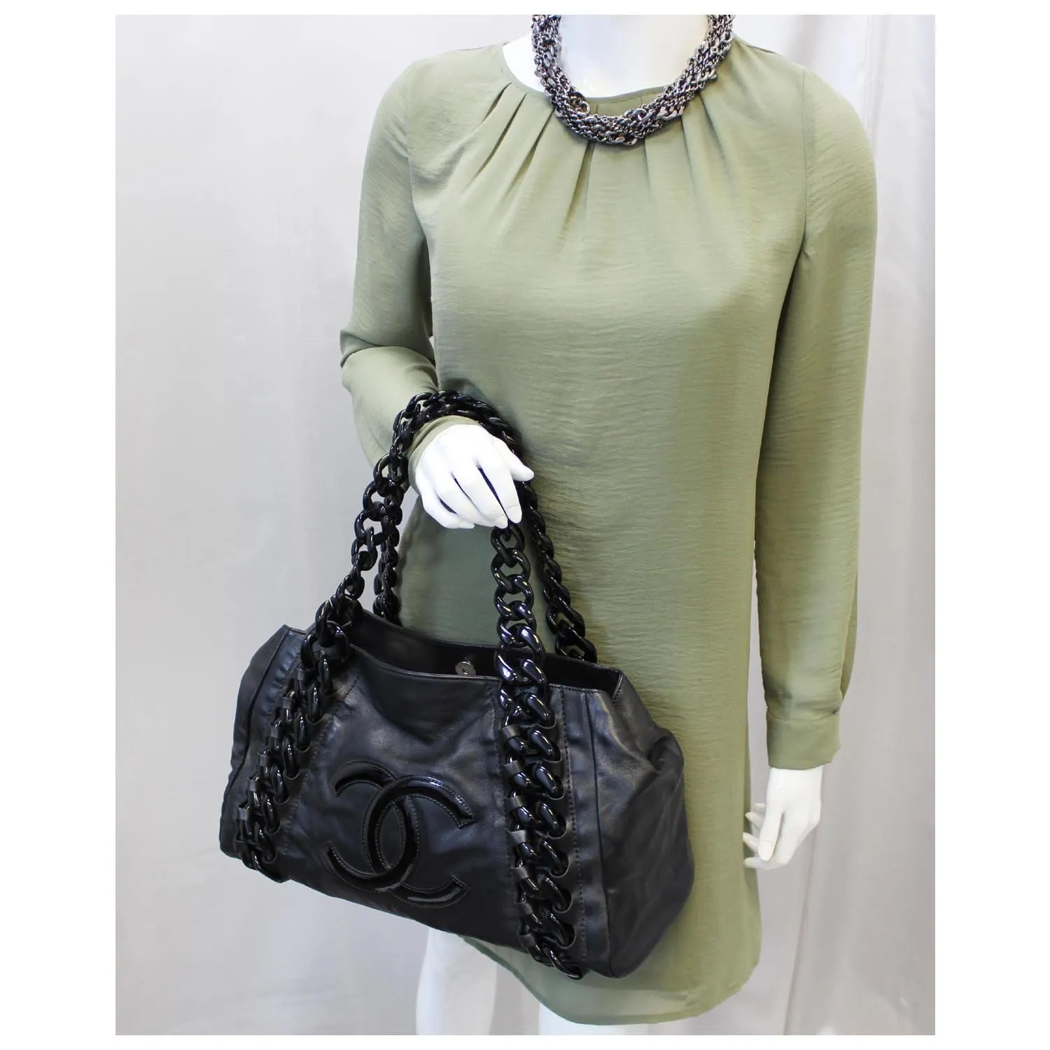 CHANEL Calfskin Rhodoid Modern Chain East West Tote Black