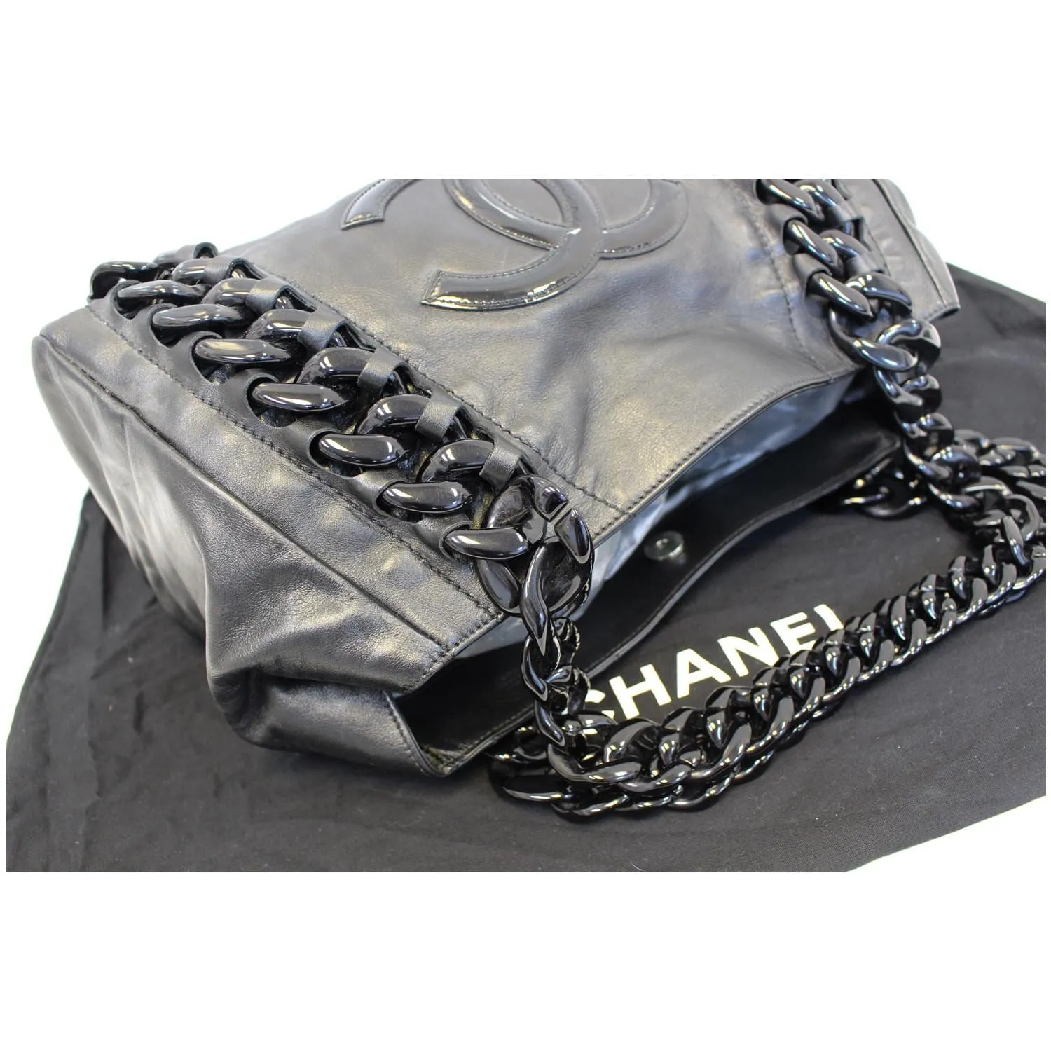 CHANEL Calfskin Rhodoid Modern Chain East West Tote Black
