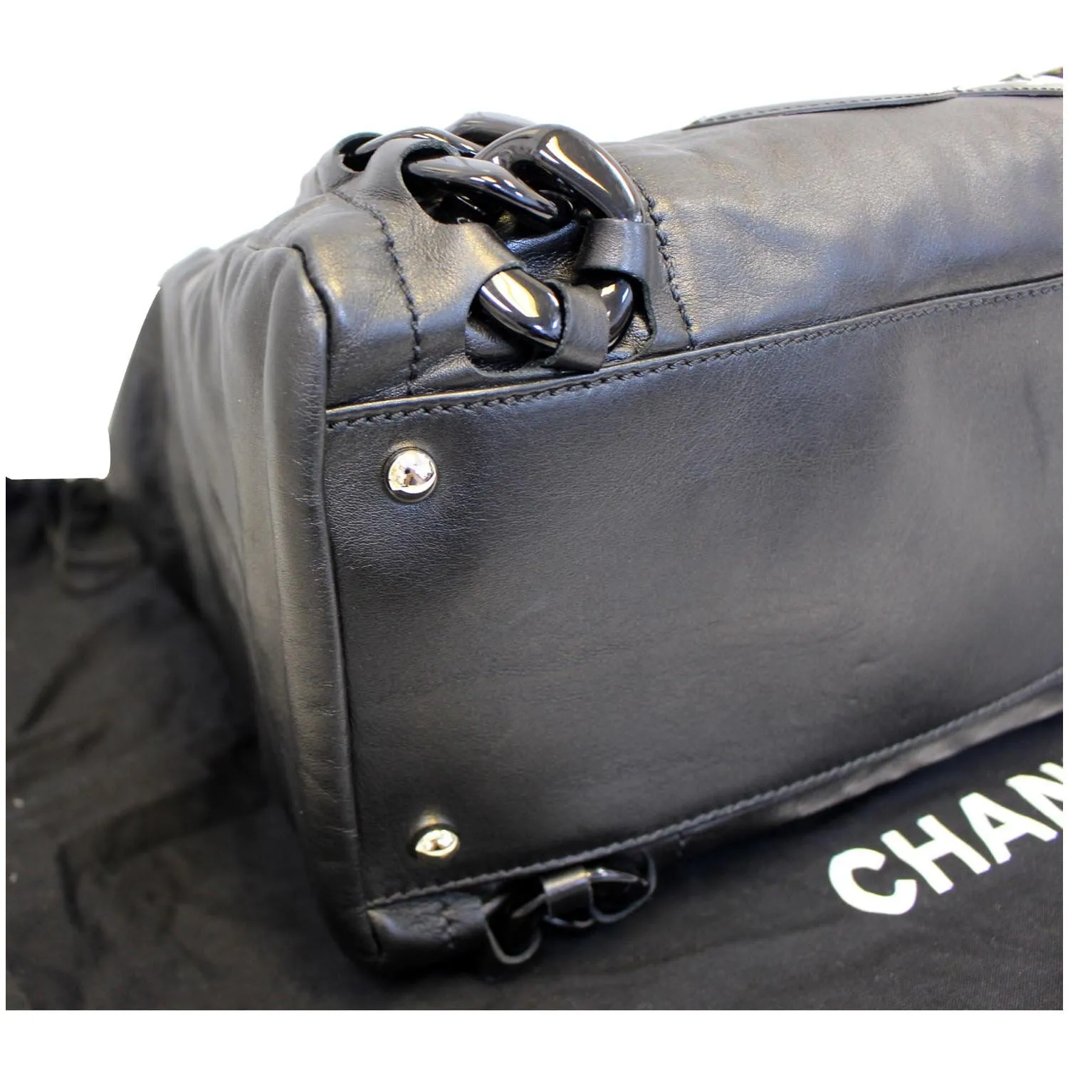 CHANEL Calfskin Rhodoid Modern Chain East West Tote Black