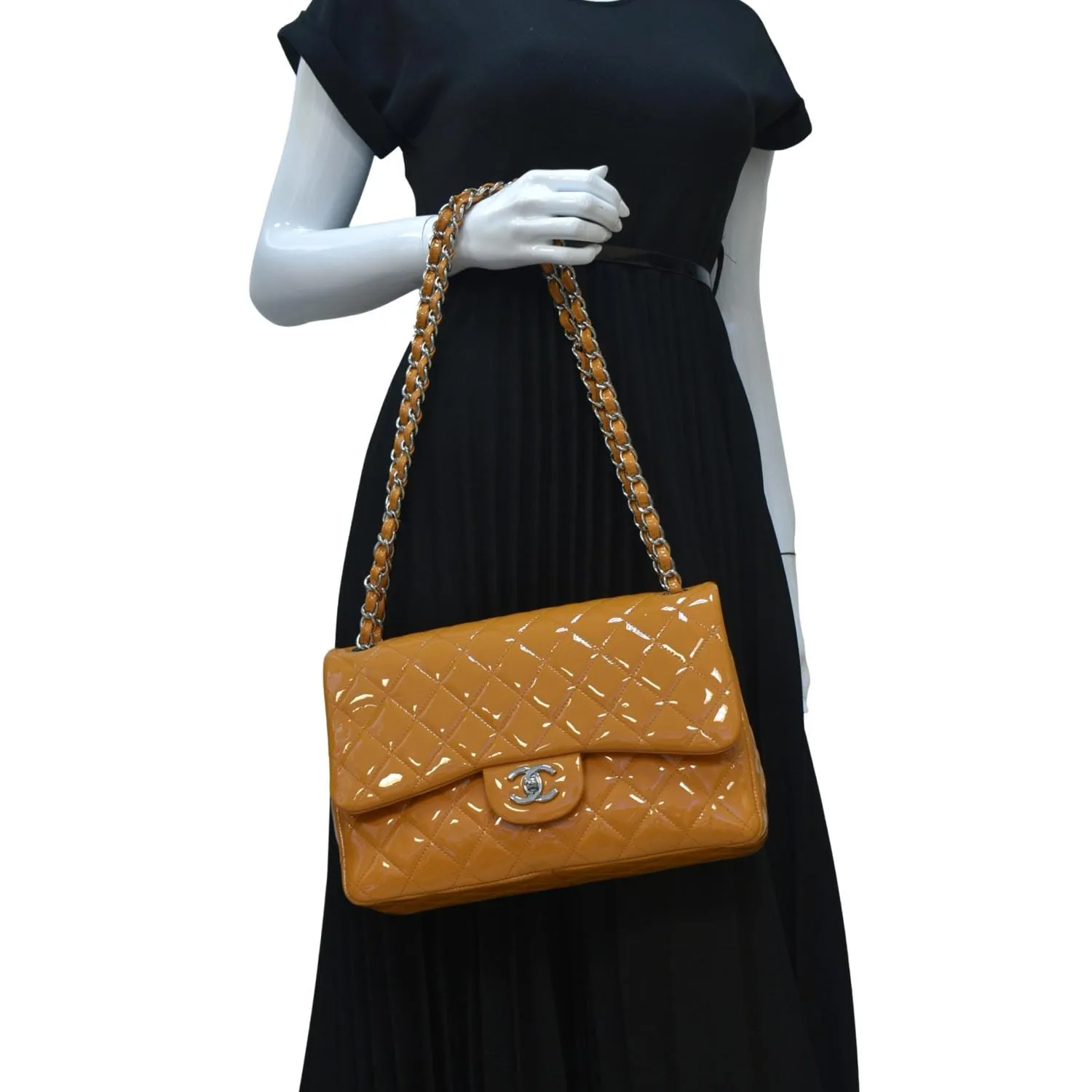 CHANEL Classic Jumbo Double Flap Quilted Leather Shoulder Bag Orange