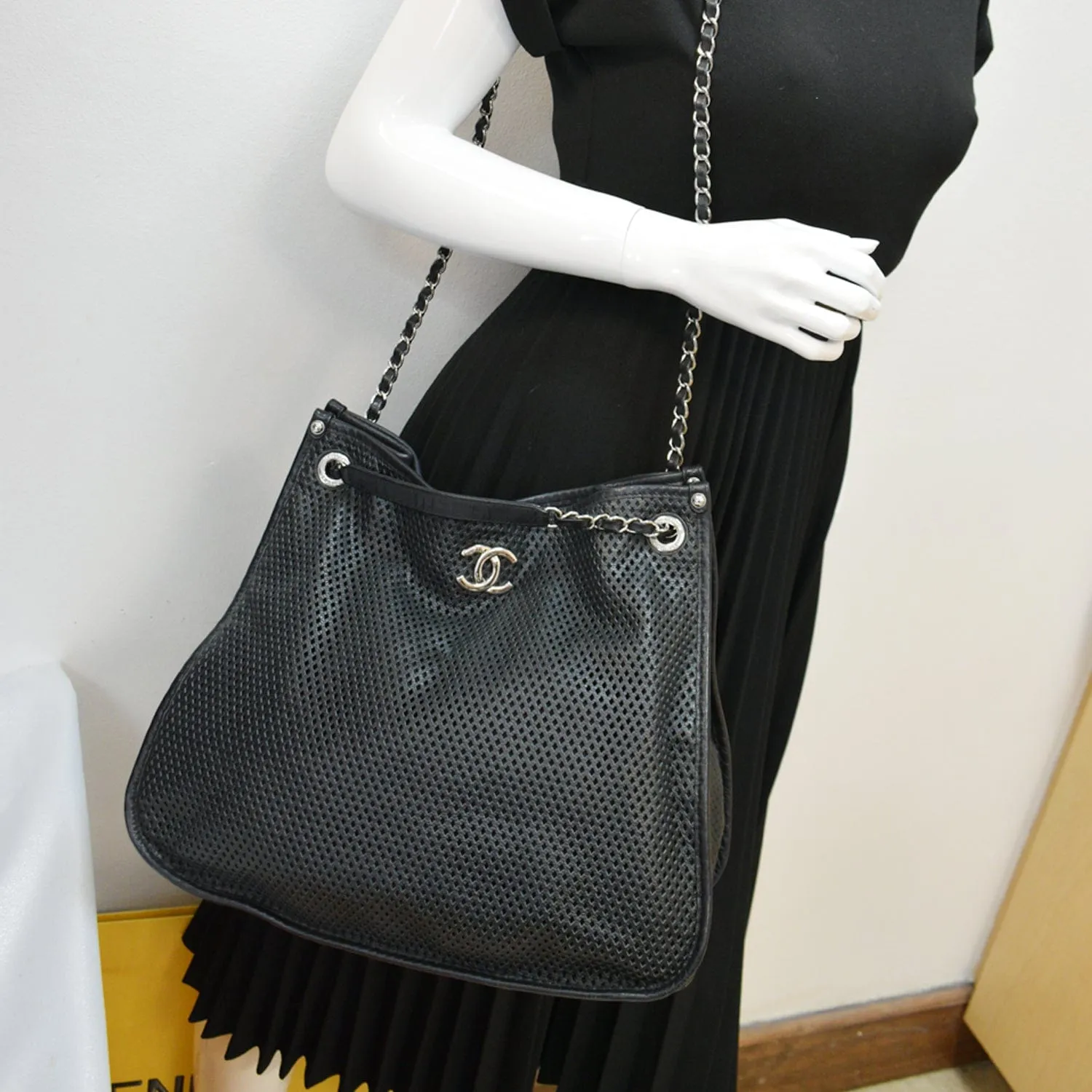 CHANEL Perforated Up In The Air Calfskin Tote Bag Black