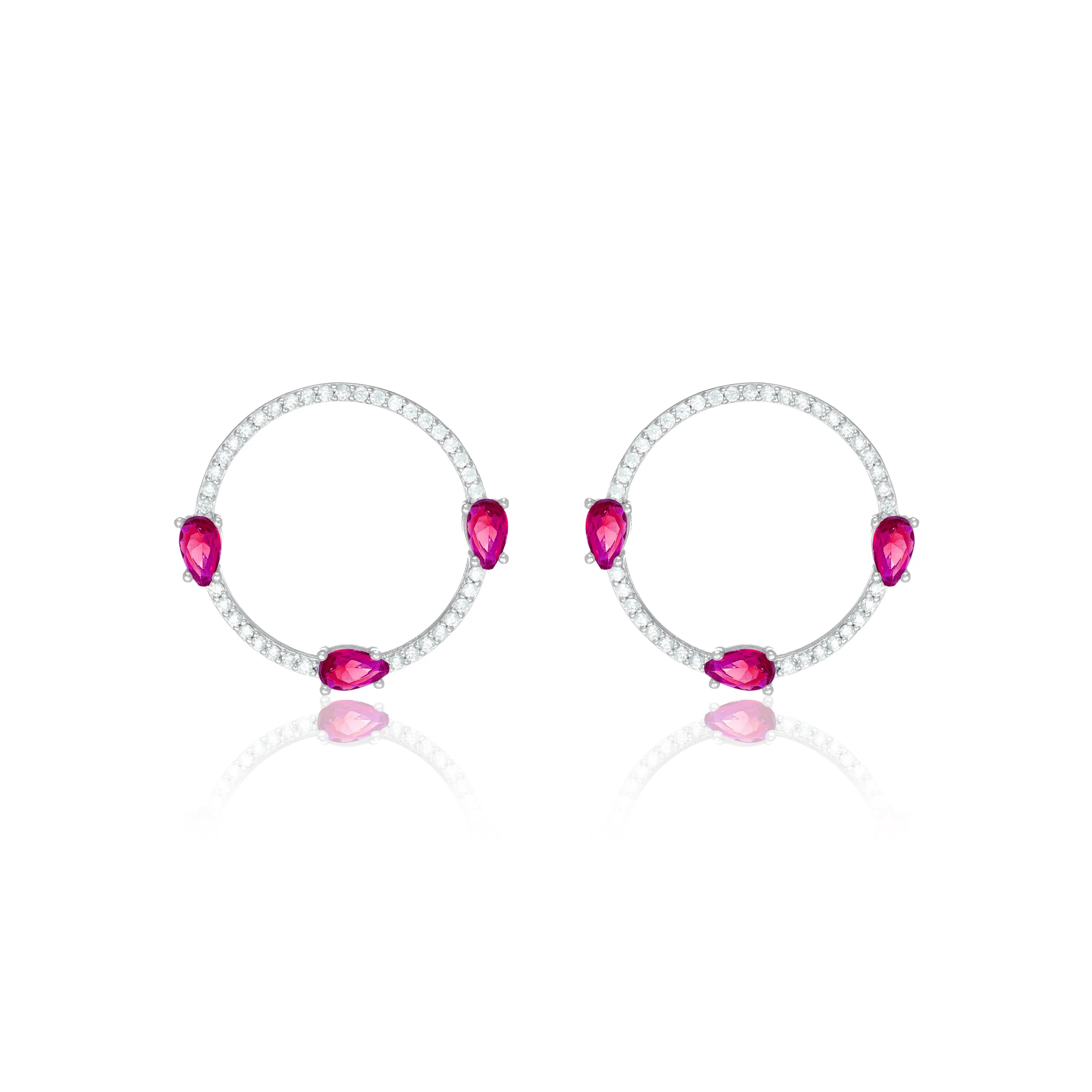 Circle Pave Cubic Zirconia With Three Teardrops Earrings - Silver Fuchsia And White