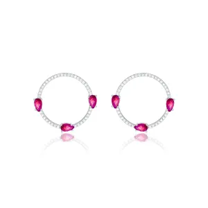 Circle Pave Cubic Zirconia With Three Teardrops Earrings - Silver Fuchsia And White