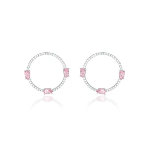 Circle Pave Cubic Zirconia With Three Teardrops Earrings - Silver Light Pink And White