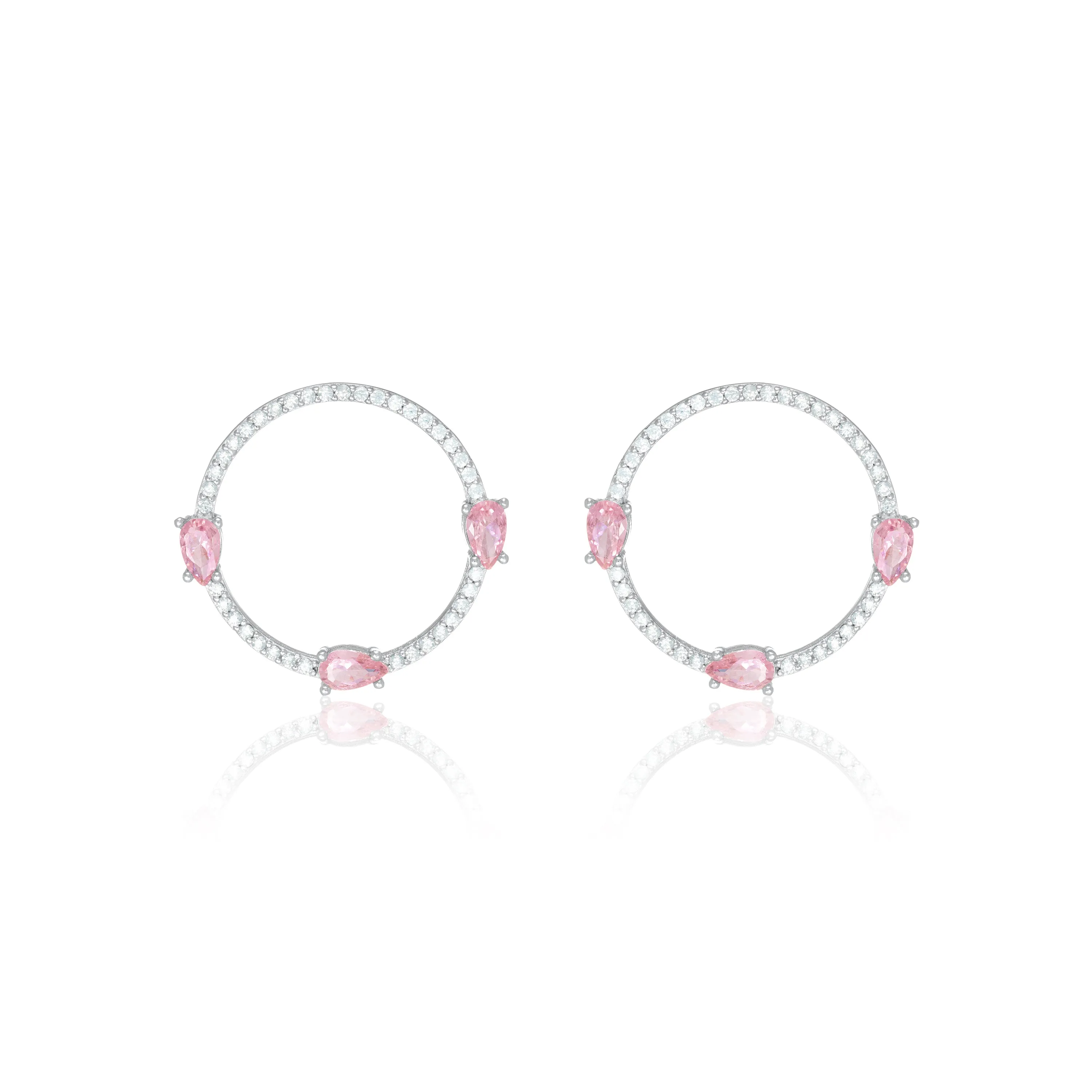 Circle Pave Cubic Zirconia With Three Teardrops Earrings - Silver Light Pink And White