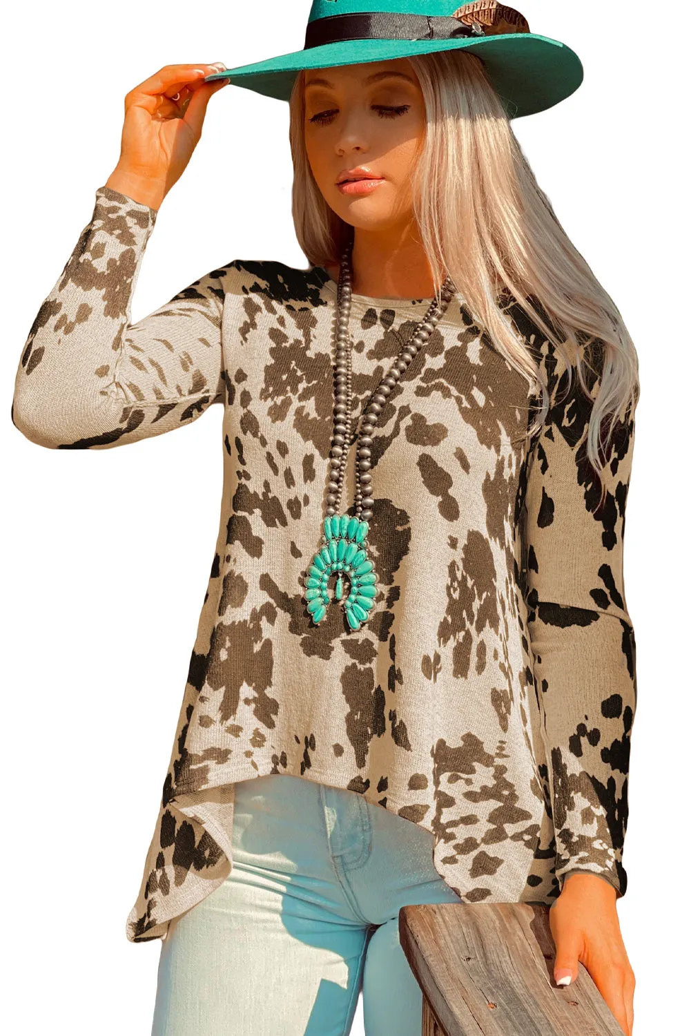 Cow Print Irregular Hem Long Sleeve Top