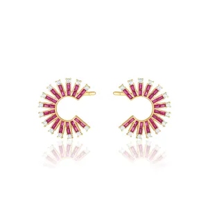 Cubic Zirconia Baguette Sun Rays C Shape Earrings - Gold Fuchsia And White