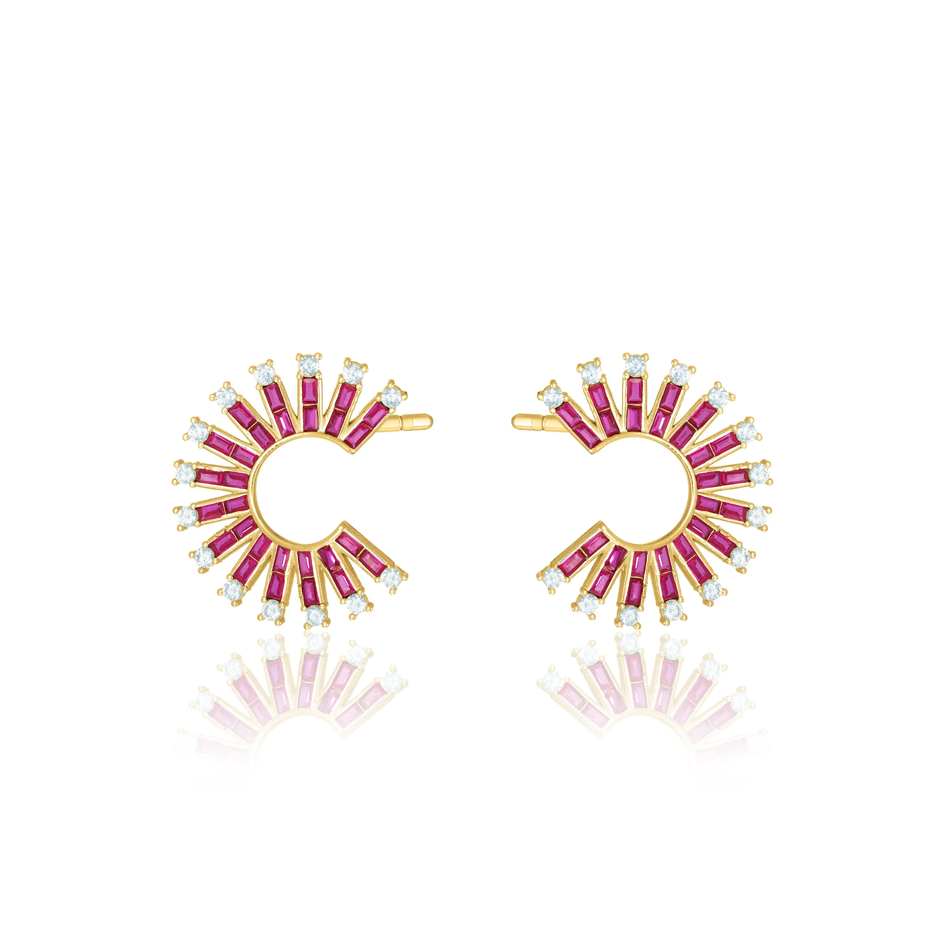 Cubic Zirconia Baguette Sun Rays C Shape Earrings - Gold Fuchsia And White
