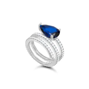 Cubic Zirconia Big Teardrop Spiral Ring - Silver Navy Blue