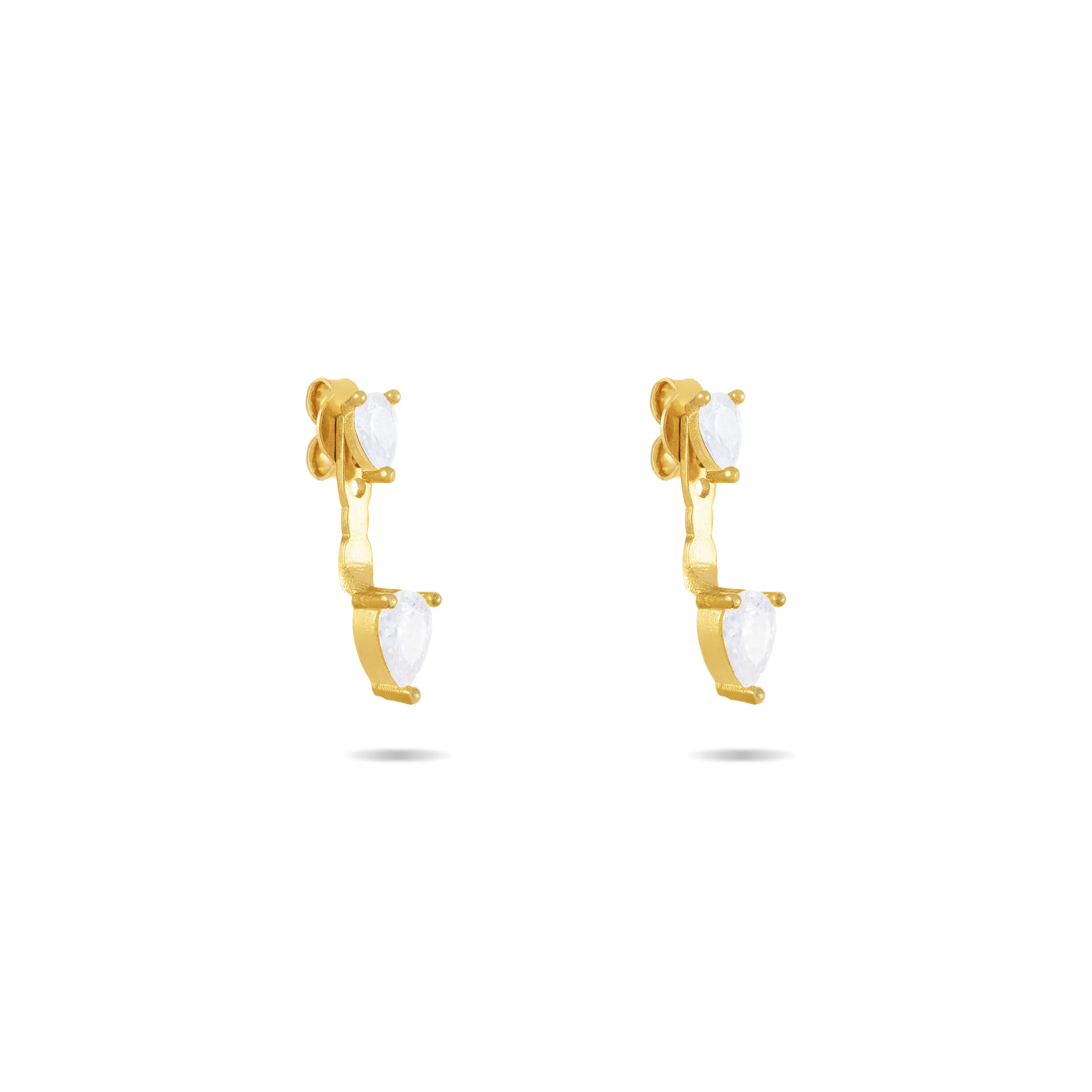 Cubic Zirconia Double Teardrop Ear Jacket Earrings - Gold White - Big