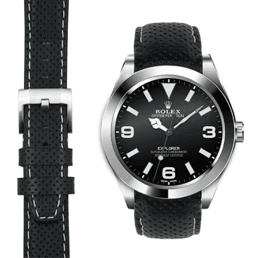 Curved End Racing Leather Strap for Rolex Explorer I with Tang Buckle