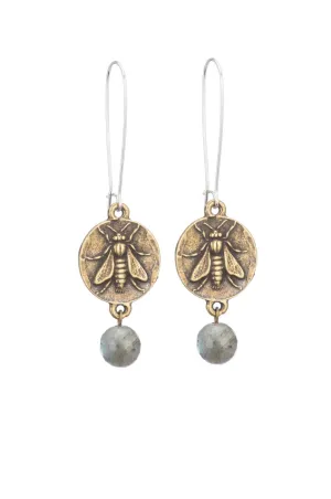 DROP EARRINGS WITH MINI ABEILLE MEDALLION AND GREY LABRADORITE