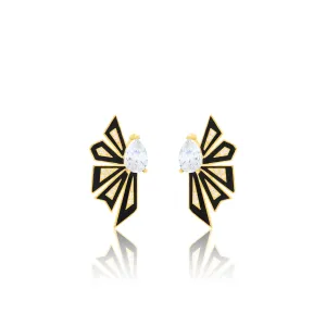 Enamel Half Flower With One Big Teardrop Earrings - Gold White