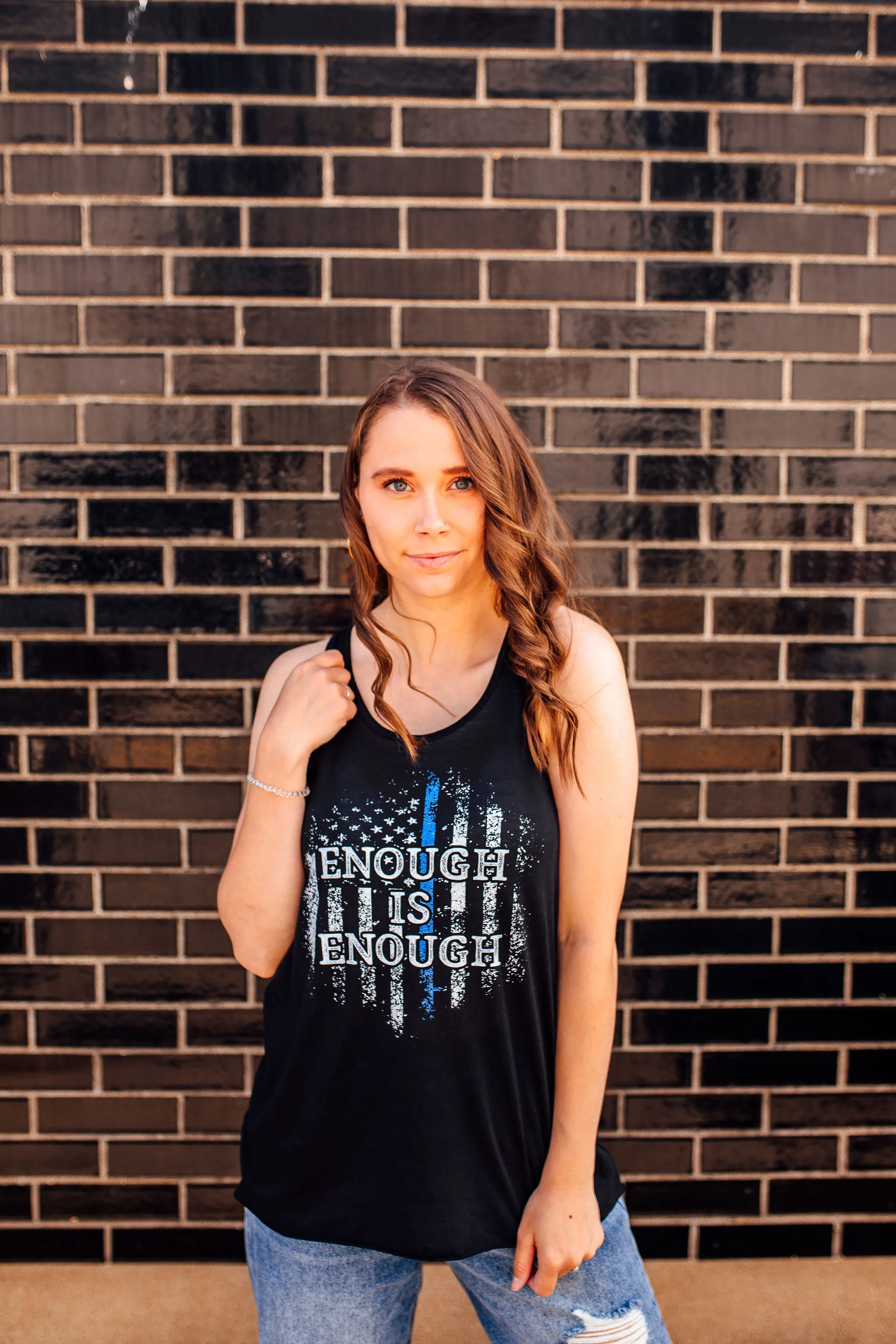 Enough Is Enough Distressed Flag © Flowy Racerback Tank