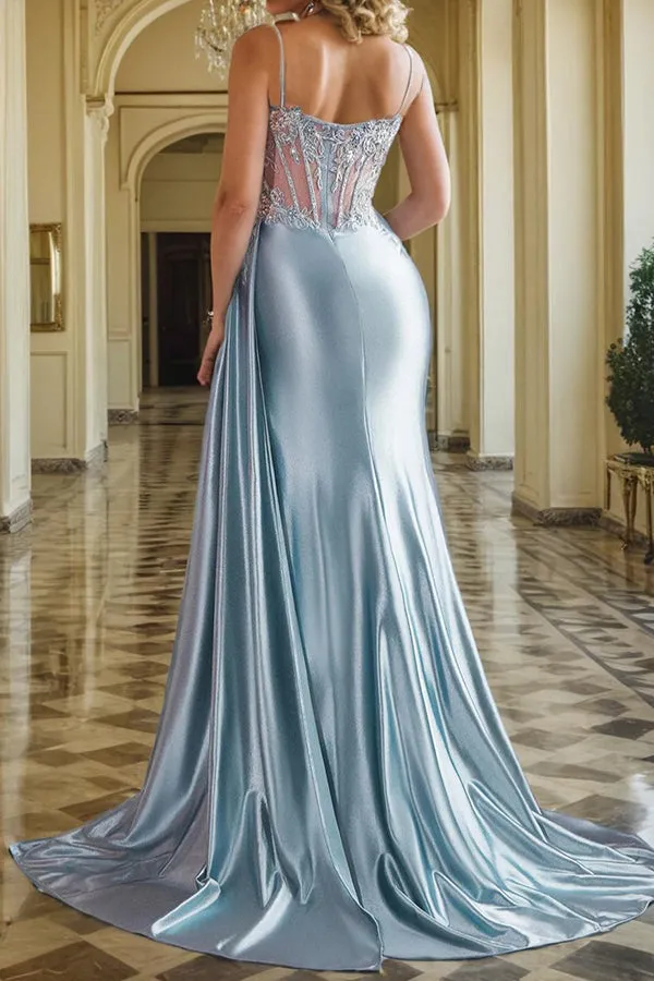 Eye-Catching Satin Spaghetti Straps Long Prom Dress with High Slit