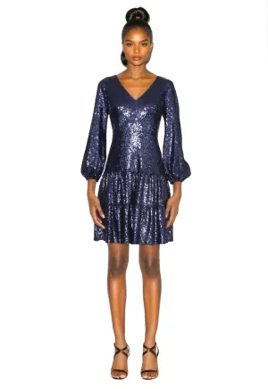 FOCUS by SHANI - V-Neck Fit and Flare Sequin Dress in Navy
