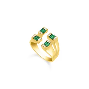 Four Baguette Stone Open Ring - Gold Green And White